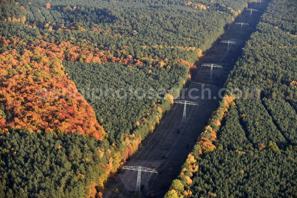 Rüdersdorf from above - Current route of the power lines and pylons in Ruedersdorf in the state Brandenburg