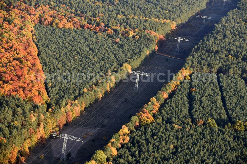 Rüdersdorf from the bird's eye view: Current route of the power lines and pylons in Ruedersdorf in the state Brandenburg