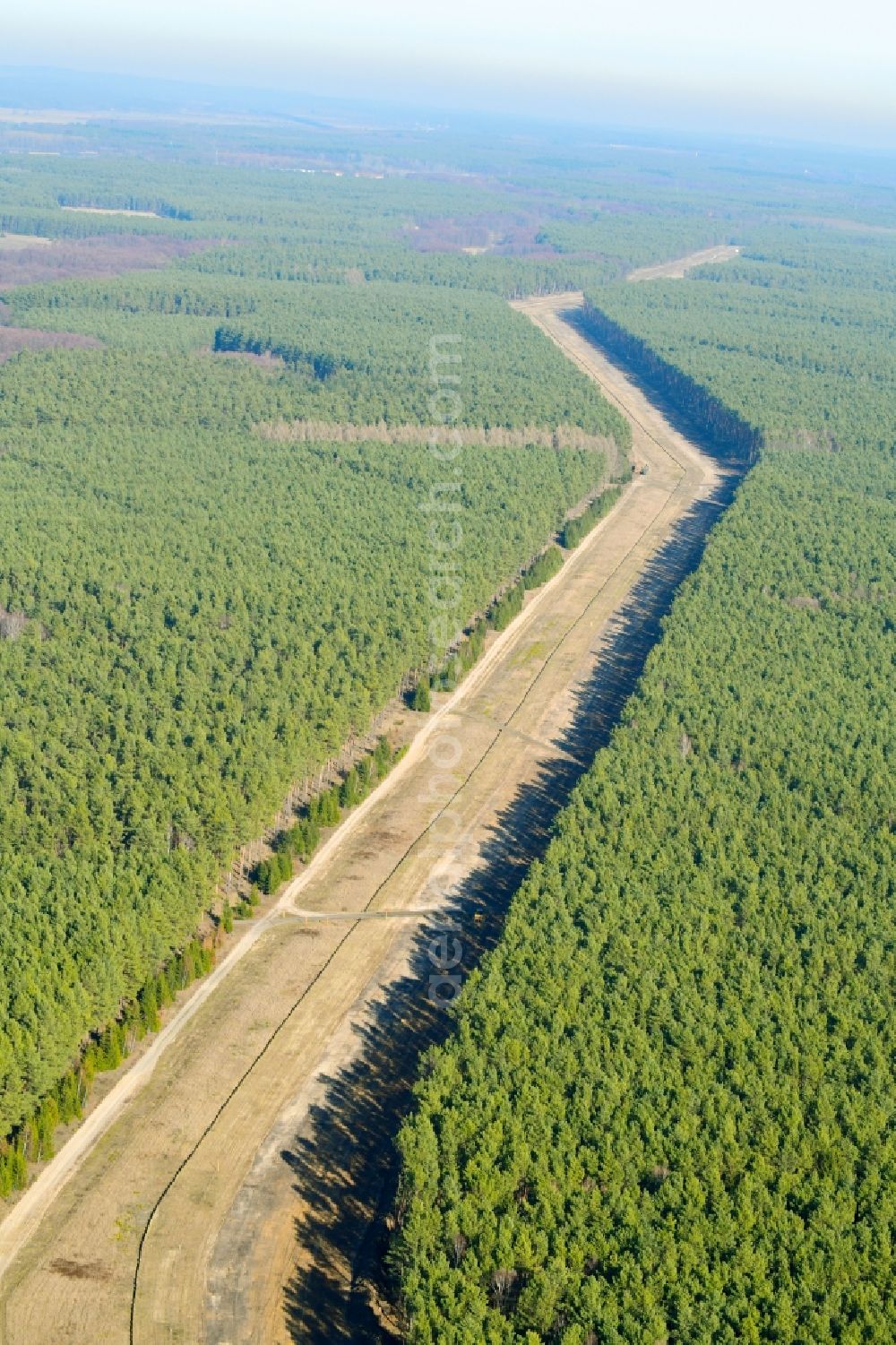 Aerial image Grünheide (Mark) - Route of the underground gas pipes and power line route in the forest area near Gruenheide (Mark) in the state Brandenburg, Germany