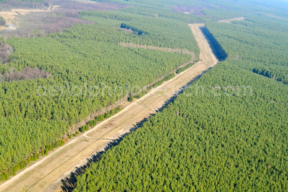 Grünheide (Mark) from the bird's eye view: Route of the underground gas pipes and power line route in the forest area near Gruenheide (Mark) in the state Brandenburg, Germany