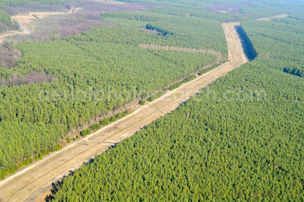 Aerial image Grünheide (Mark) - Route of the underground gas pipes and power line route in the forest area near Gruenheide (Mark) in the state Brandenburg, Germany