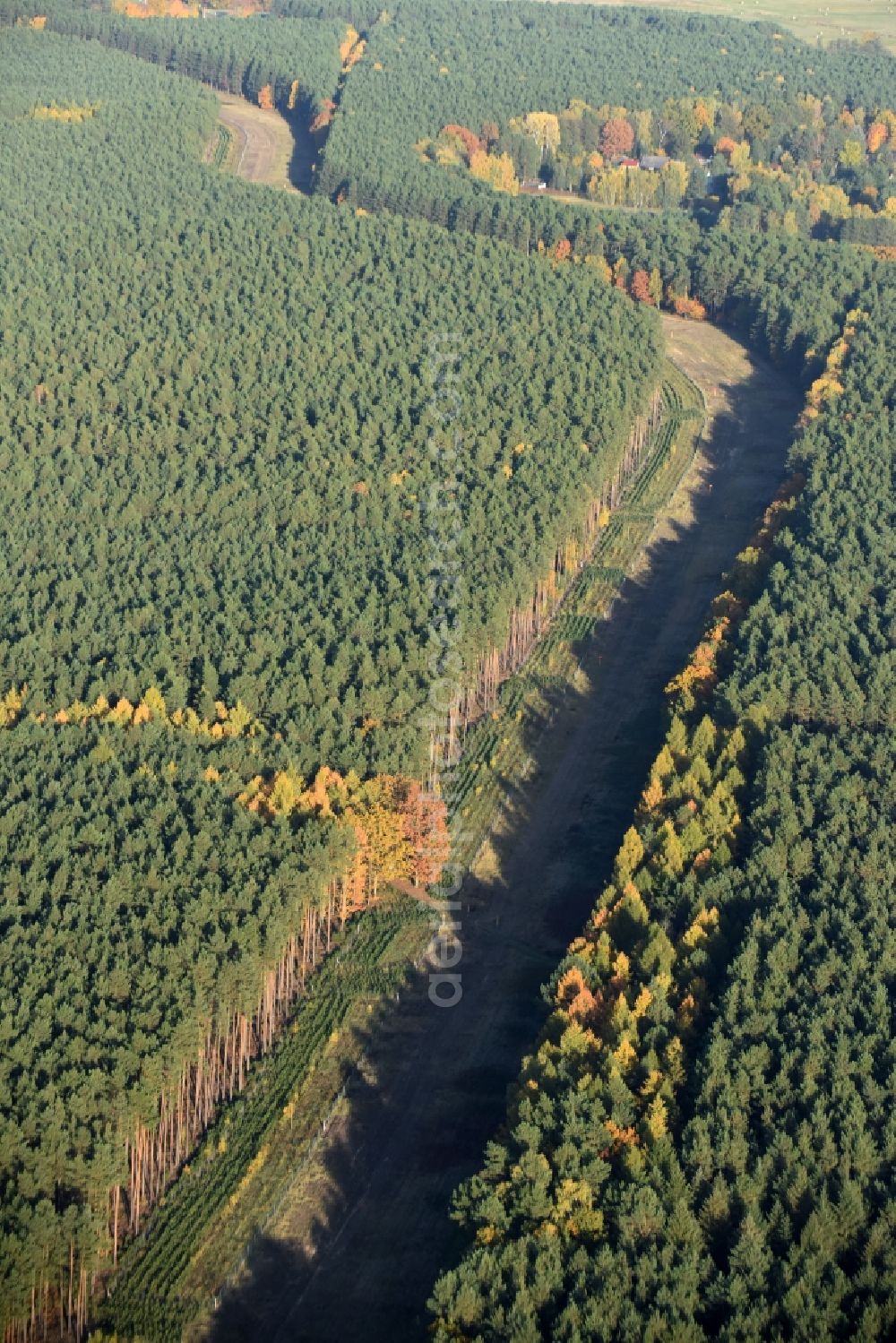 Storkowfurt from above - Route of the underground gas pipes and power line route in Storkowfurt in the state Brandenburg