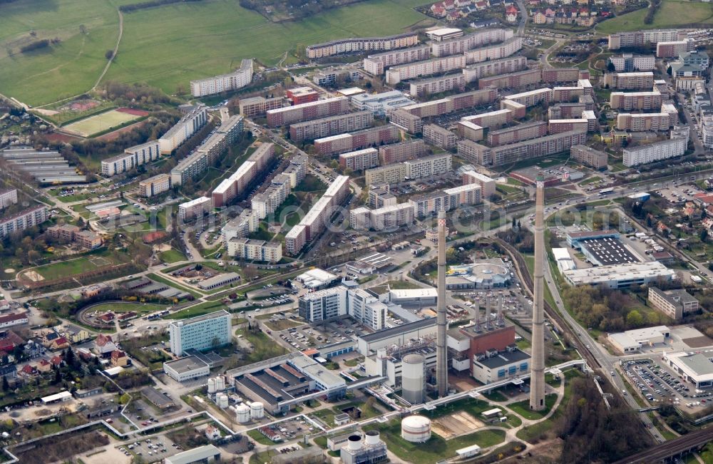 Aerial photograph Jena - View the two chimneys of thermal power station Jena in Thuringia. Since his conversion, it is one of the most modern gas-and-steam combined cycle power plants in space Thuringia and is now operated by E.ON Thueringer Energie AG