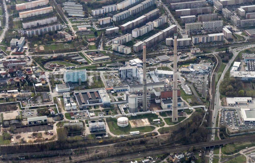 Jena from above - View the two chimneys of thermal power station Jena in Thuringia. Since his conversion, it is one of the most modern gas-and-steam combined cycle power plants in space Thuringia and is now operated by E.ON Thueringer Energie AG