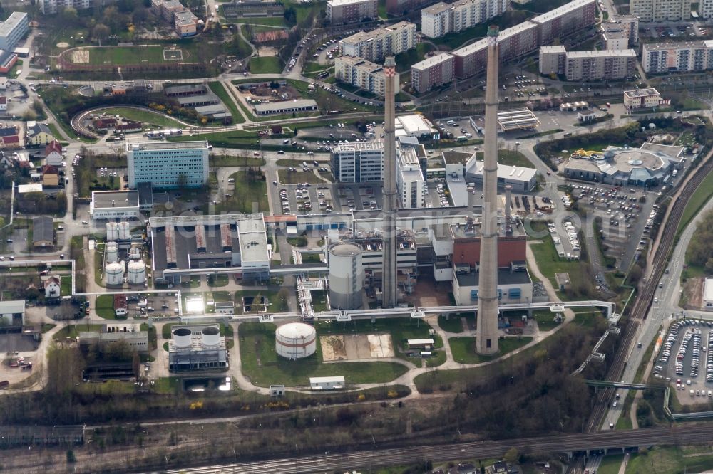 Jena from the bird's eye view: View the two chimneys of thermal power station Jena in Thuringia. Since his conversion, it is one of the most modern gas-and-steam combined cycle power plants in space Thuringia and is now operated by E.ON Thueringer Energie AG