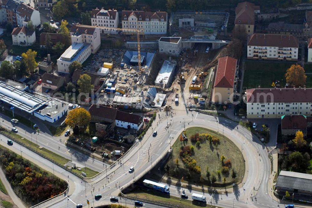 Meißen from above - Blick auf die Bauarbeiten am 719 m langen Schottenbergtunnel durch die Ed. Züblin AG, Albstadtweg 3, 70567 Stuttgart - Tel.: 711 7883-0 - Telefax: 711 7883-390 - E-Mail info@zueblin.de zur Umfahrung der Stadt Meißen an der Leipziger Straße.