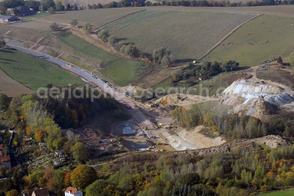 Meißen from the bird's eye view: Blick auf die Bauarbeiten am 719 m langen Schottenbergtunnel durch die Ed. Züblin AG, Albstadtweg 3, 70567 Stuttgart - Tel.: 711 7883-0 - Telefax: 711 7883-390 - E-Mail info@zueblin.de zur Umfahrung der Stadt Meißen.