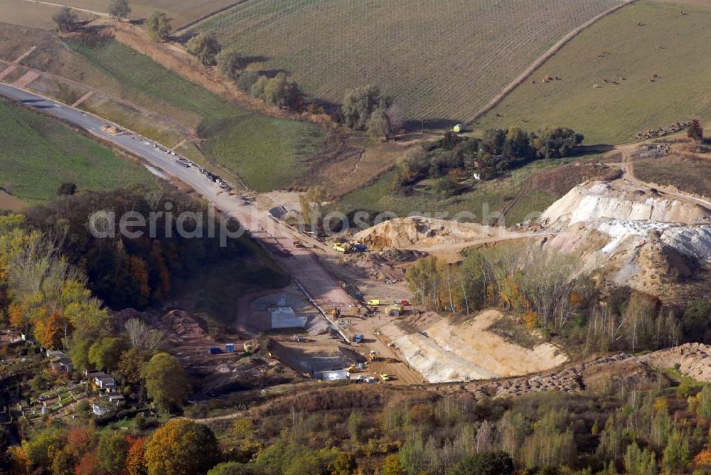 Aerial image Meißen - Blick auf die Bauarbeiten am 719 m langen Schottenbergtunnel durch die Ed. Züblin AG, Albstadtweg 3, 70567 Stuttgart - Tel.: 711 7883-0 - Telefax: 711 7883-390 - E-Mail info@zueblin.de zur Umfahrung der Stadt Meißen.