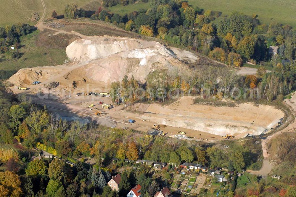 Aerial photograph Meißen - Blick auf die Bauarbeiten am 719 m langen Schottenbergtunnel durch die Ed. Züblin AG, Albstadtweg 3, 70567 Stuttgart - Tel.: 711 7883-0 - Telefax: 711 7883-390 - E-Mail info@zueblin.de zur Umfahrung der Stadt Meißen.