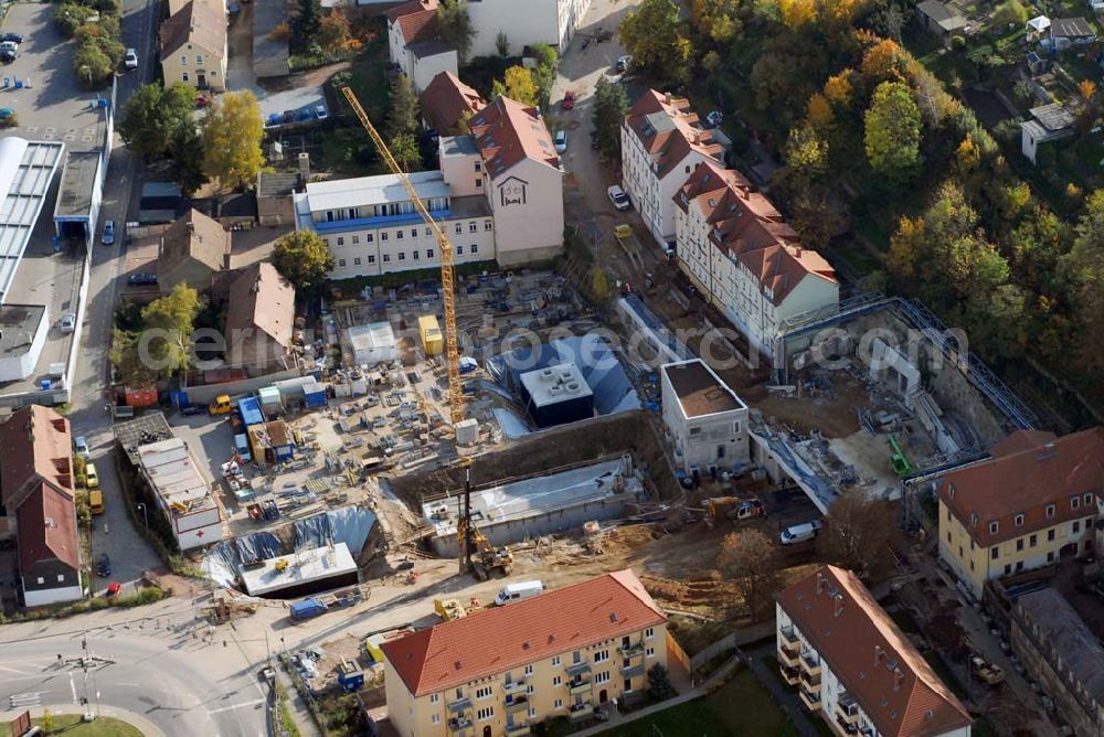 Meißen from the bird's eye view: Blick auf die Bauarbeiten am 719 m langen Schottenbergtunnel durch die Ed. Züblin AG, Albstadtweg 3, 70567 Stuttgart - Tel.: 711 7883-0 - Telefax: 711 7883-390 - E-Mail info@zueblin.de zur Umfahrung der Stadt Meißen an der Leipziger Straße.