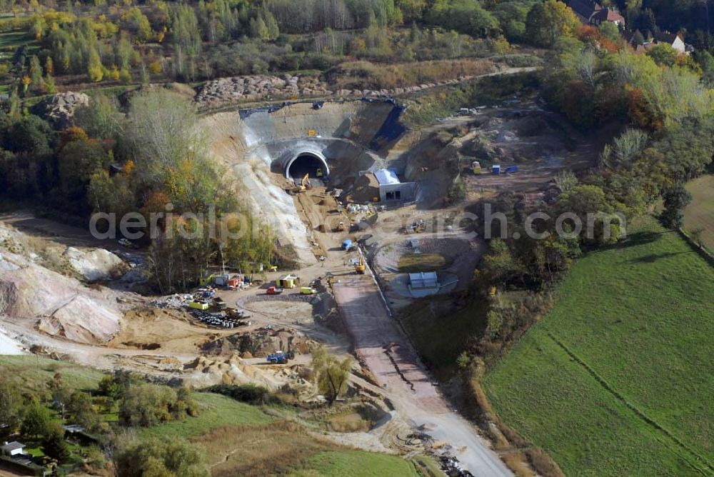 Aerial image Meißen - Blick auf die Bauarbeiten am 719 m langen Schottenbergtunnel durch die Ed. Züblin AG, Albstadtweg 3, 70567 Stuttgart - Tel.: 711 7883-0 - Telefax: 711 7883-390 - E-Mail info@zueblin.de zur Umfahrung der Stadt Meißen.