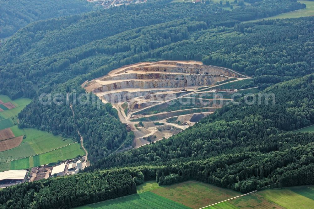 Straßberg from above - Site and tailings area of the gravel mining Teufel in Strassberg in the state Baden-Wuerttemberg, Germany