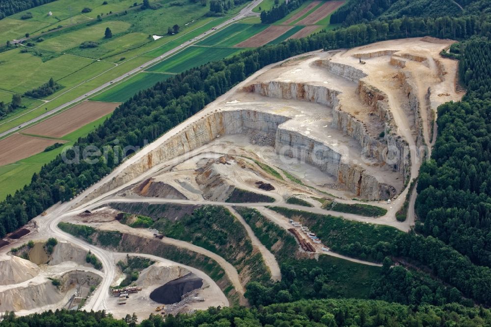 Aerial image Straßberg - Site and tailings area of the gravel mining Teufel in Strassberg in the state Baden-Wuerttemberg, Germany