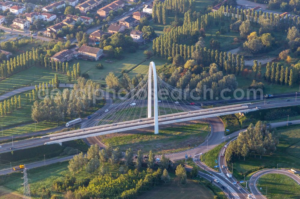 Aerial image Reggio Emilia - Cable-stayed bridges Ponte Di Calatrava, Vela di Calatrava North and South crossing the Autostrada del Sole on street Autostrada del Sole in Reggio Emilia in Emilia-Romagna, Italy