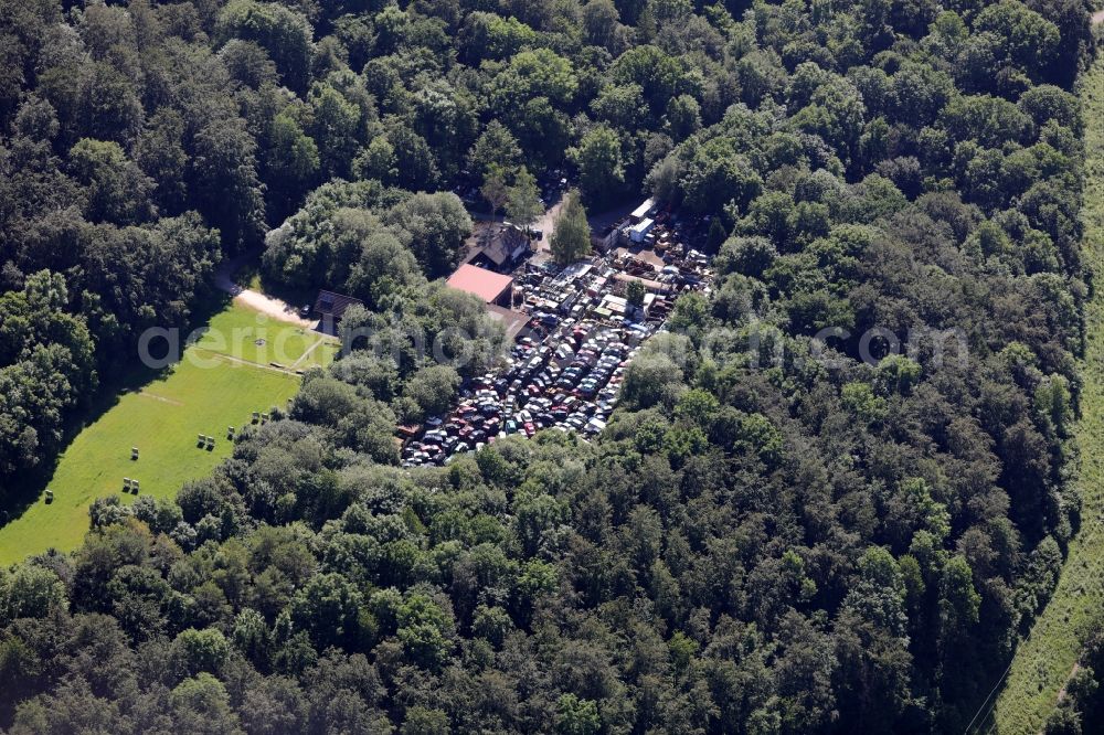 Aerial image Deggingen - Scrapyard Fischer for recycling of cars cars and used vehicles with decomposition and aftermarket in the woods near Deggingen in the state Baden-Wuerttemberg