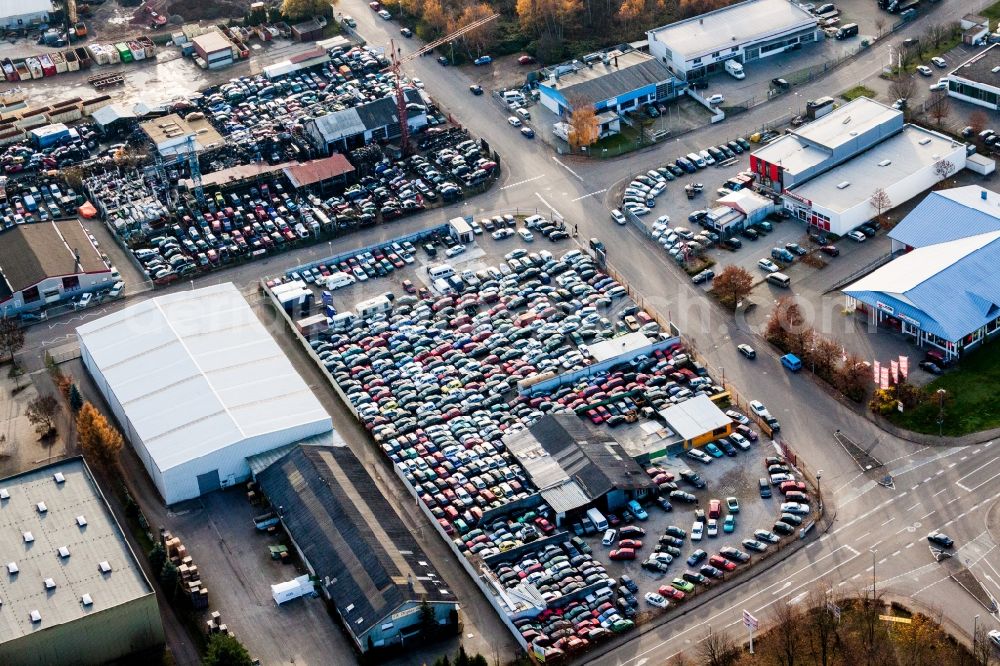 Rastatt from the bird's eye view: Scrapyard for recycling of cars cars and used vehicles with decomposition and aftermarket in Rastatt in the state Baden-Wuerttemberg, Germany