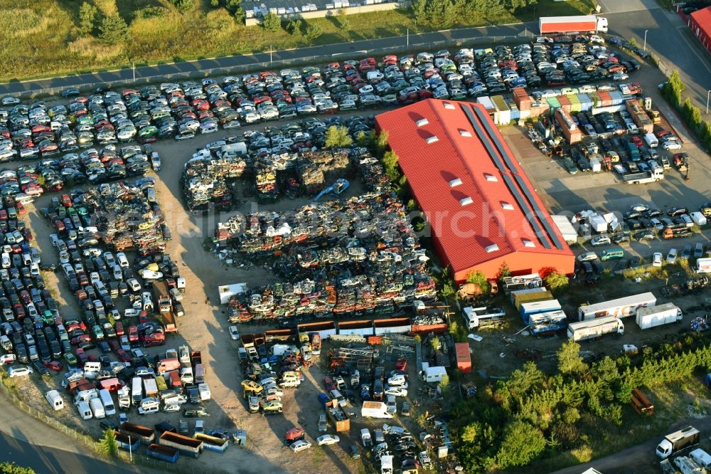 Aerial photograph Schopsdorf - Scrapyard for recycling of cars cars and used vehicles with decomposition and aftermarket of Bergungsdienst Brameier Schopsdorf GmbH on Industriestrasse in Schopsdorf in the state Saxony-Anhalt, Germany