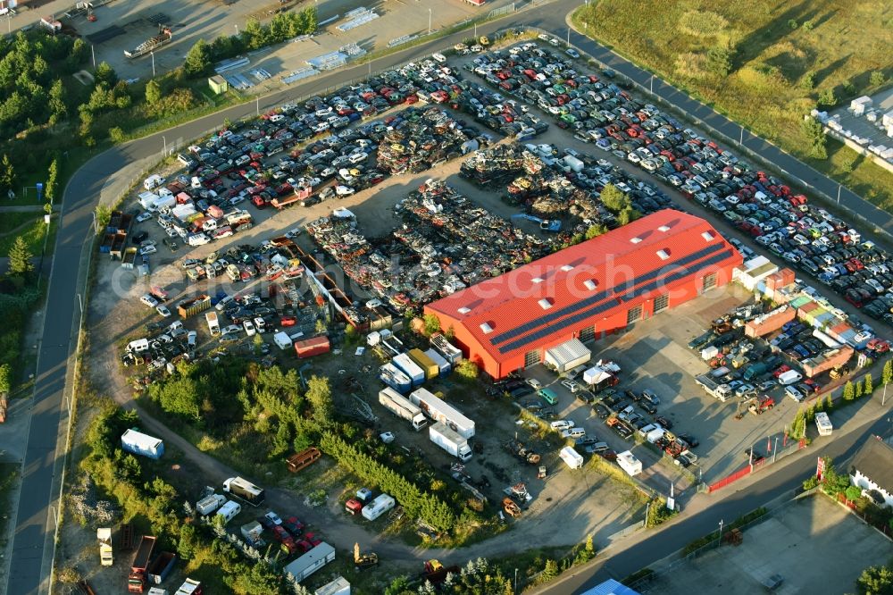 Aerial image Schopsdorf - Scrapyard for recycling of cars cars and used vehicles with decomposition and aftermarket of Bergungsdienst Brameier Schopsdorf GmbH on Industriestrasse in Schopsdorf in the state Saxony-Anhalt, Germany