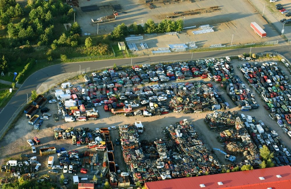 Aerial photograph Schopsdorf - Scrapyard for recycling of cars cars and used vehicles with decomposition and aftermarket of Bergungsdienst Brameier Schopsdorf GmbH on Industriestrasse in Schopsdorf in the state Saxony-Anhalt, Germany