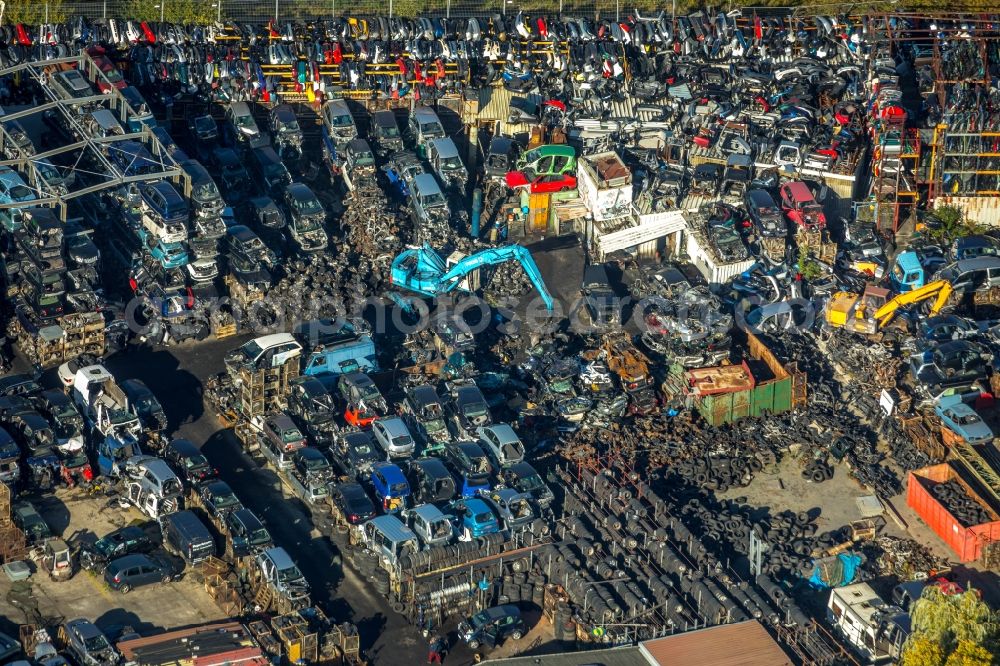 Unna from above - Scrapyard for recycling of cars cars and used vehicles with decomposition and aftermarket in Unna in the state North Rhine-Westphalia, Germany