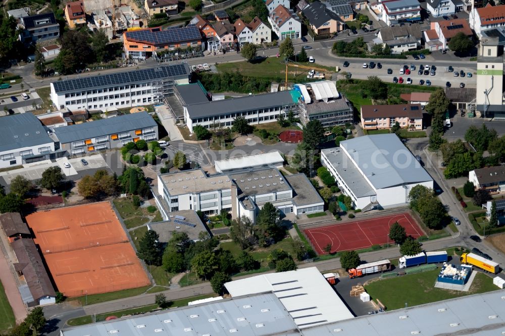 Krautheim from above - School building of the Andreas-Froehlich-Schule at the Goetzstrasse and the Bildungszentrum Hohenlohe-Franken Grund- und Werkrealschule Krautheim at Gustav-Meyer-Zentrum in Krautheim in the state Baden-Wurttemberg, Germany