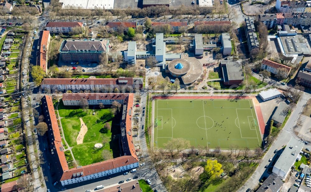 Dortmund from above - School building of the Anne-Fronk-Gesamtschule on Burgholzstrasse in Dortmund in the state North Rhine-Westphalia, Germany