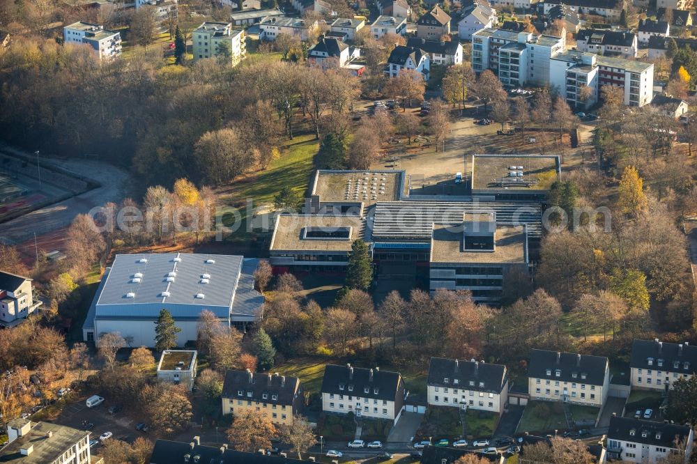 Aerial image Lüdenscheid - School building of the Bergstadt-Gymnasium on Saarlandstrasse in Luedenscheid in the state North Rhine-Westphalia, Germany