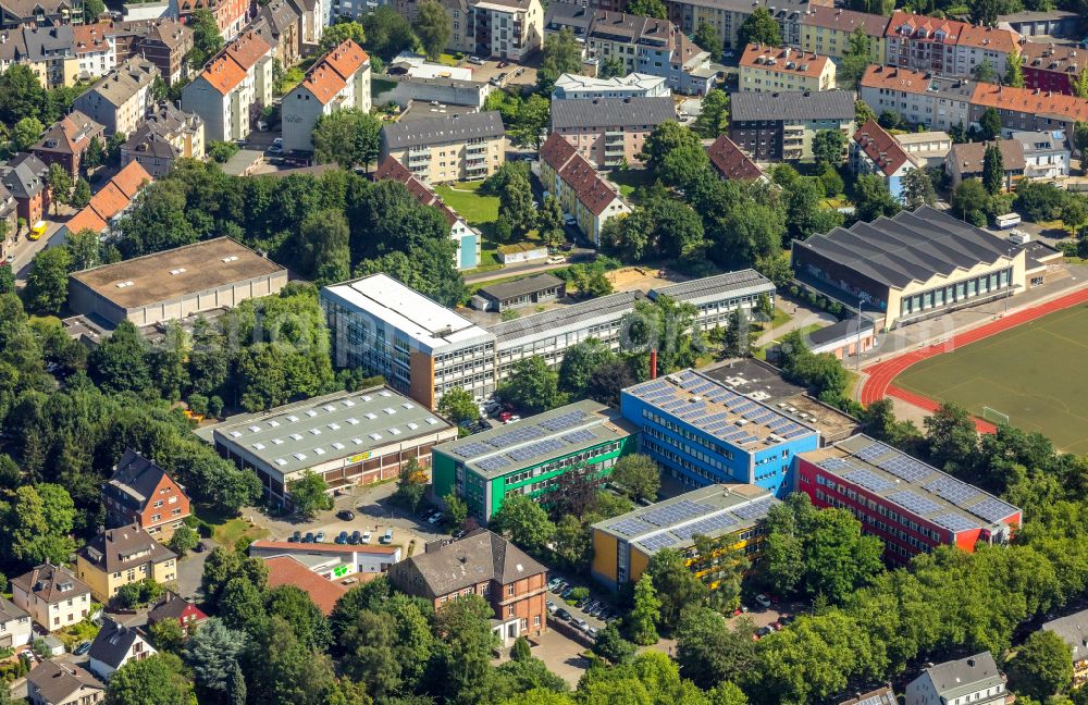 Witten from above - School building of the of Berufskolleg Witten and the Otto-Schott-Realschule on Husemannstrasse - Am Viehmarkt in Witten in the state North Rhine-Westphalia, Germany