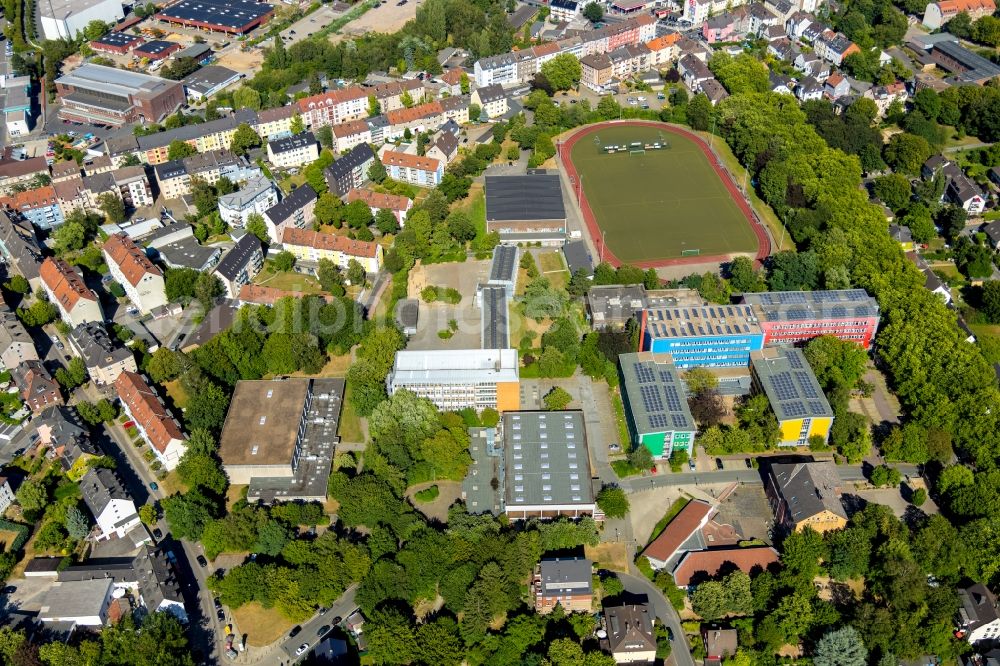 Witten from above - School building of the of Berufskolleg Witten and the Otto-Schott-Realschule on Husemannstrasse - Am Viehmarkt in Witten in the state North Rhine-Westphalia, Germany