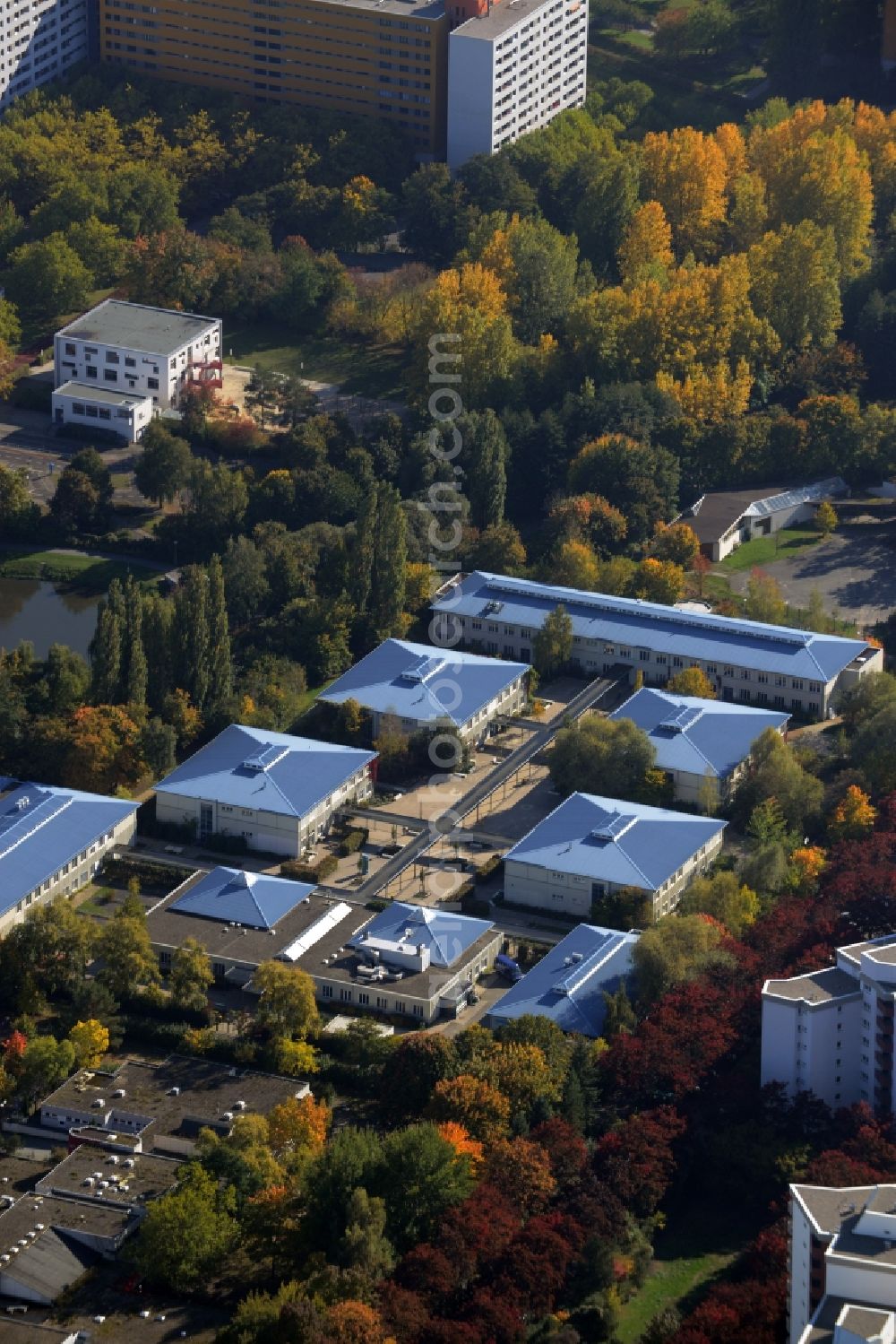 Aerial image Berlin - School building of the Bettina-von-Armin-Oberschule in the Maerkischen Viertel at the Senftenbergring in Berlin in the state Berlin