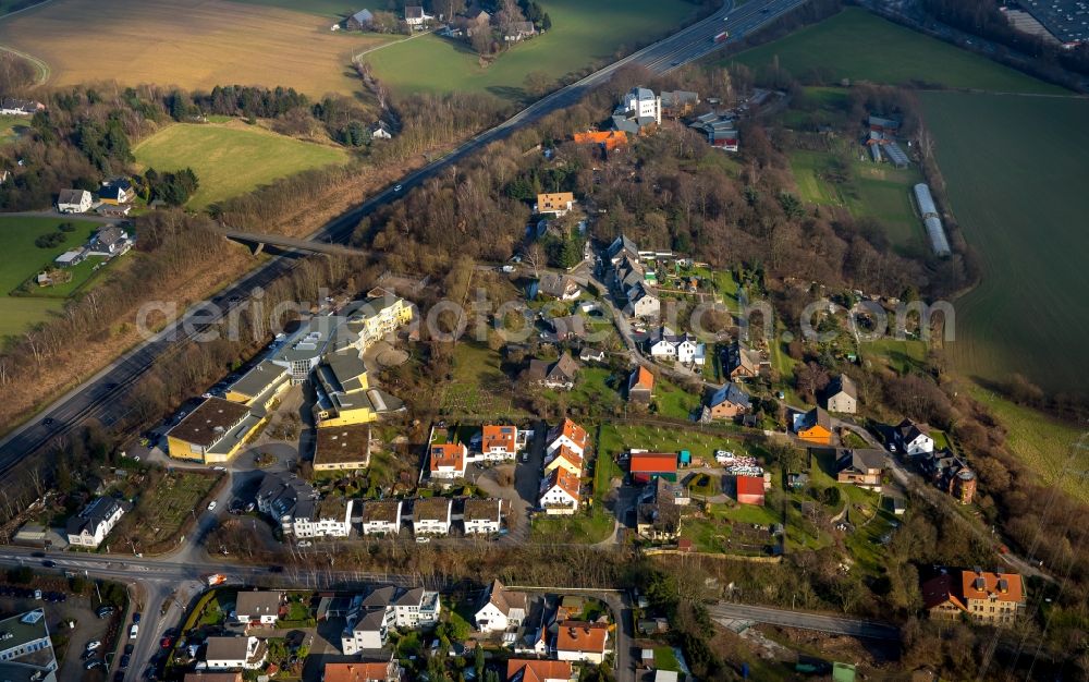 Witten from above - School building of the school Blote-Vogel-Schule and the nearby motorway A44 aswell as the road Stockumer Strasse with surrounding residential houses and fields in Witten in the state North Rhine-Westphalia