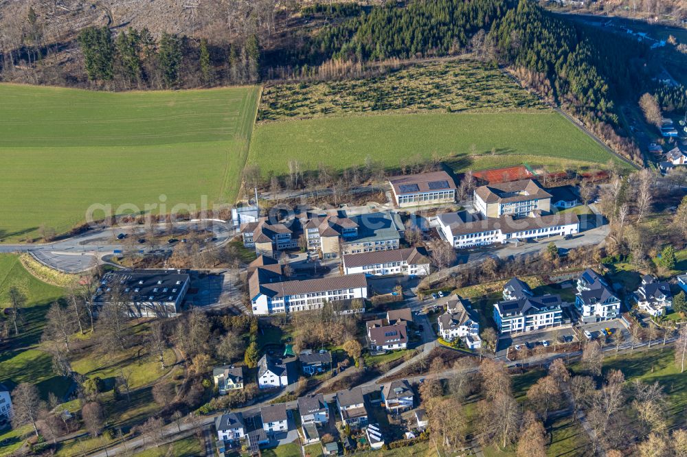 Eslohe (Sauerland) from above - School building of the Christine-Koch-Hauptschule Eslohe and of Realschule Eslohe on Schulstrasse in Eslohe (Sauerland) in the state North Rhine-Westphalia, Germany