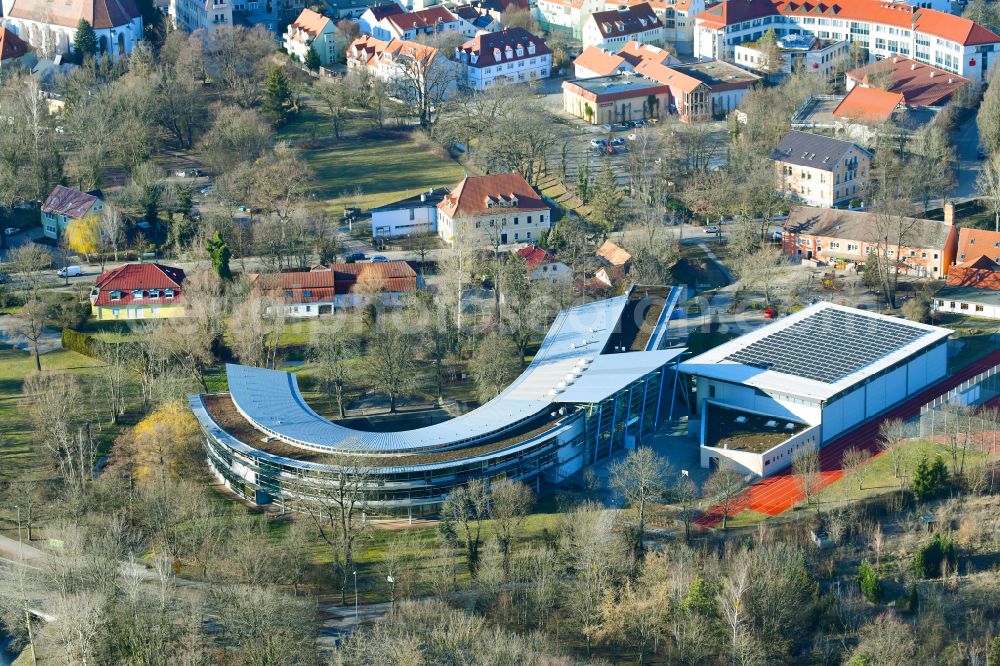 Aerial image Hoyerswerda - School building of the Christliche Schule Johanneum on street Fischerstrasse in Hoyerswerda in the state Saxony, Germany