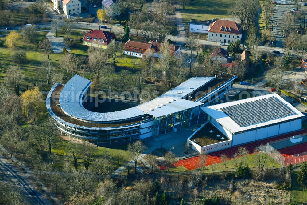 Hoyerswerda from above - School building of the Christliche Schule Johanneum on street Fischerstrasse in Hoyerswerda in the state Saxony, Germany