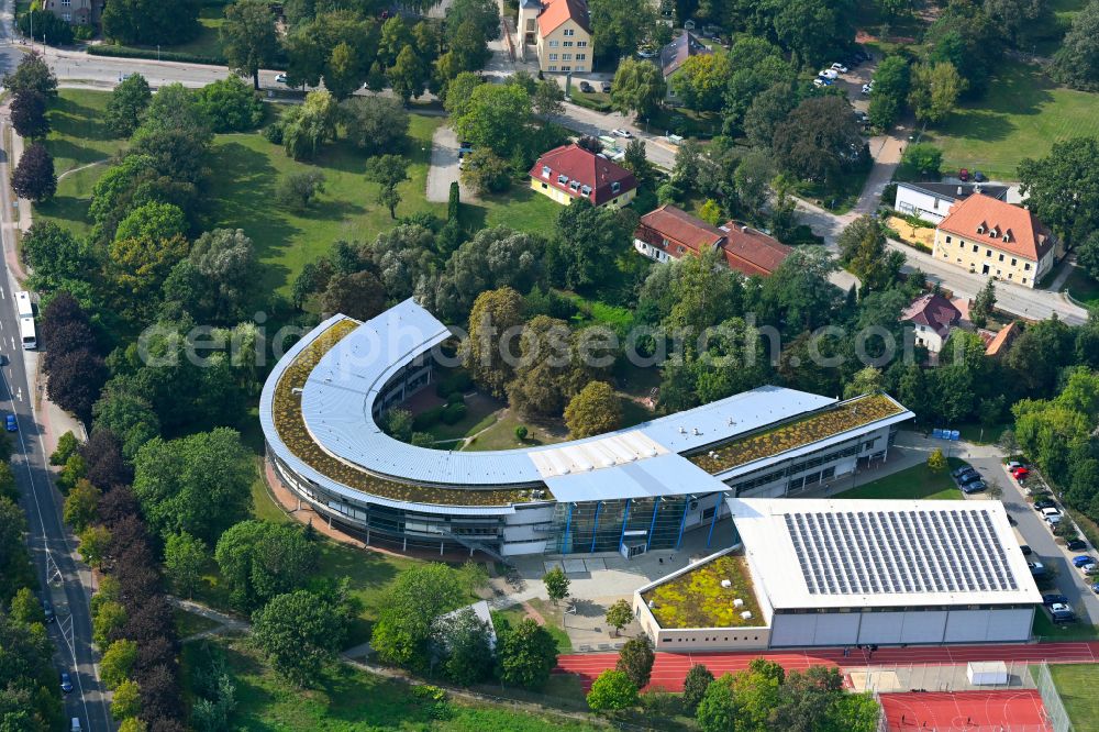 Aerial image Hoyerswerda - School building of the Christliche Schule Johanneum on street Fischerstrasse in Hoyerswerda in the state Saxony, Germany