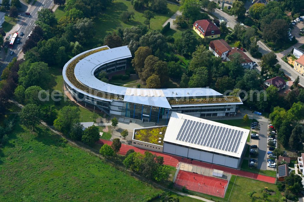 Hoyerswerda from above - School building of the Christliche Schule Johanneum on street Fischerstrasse in Hoyerswerda in the state Saxony, Germany