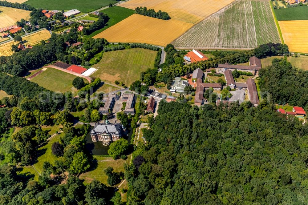 Loburg from above - School building of the Collegium Johanneum Gymnasium and Internat on castle Loburg in Loburg in the state North Rhine-Westphalia, Germany