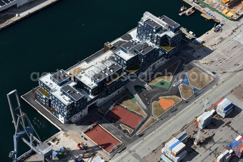 Kopenhagen from above - School building of the Copenhagen International School Levantkaj on Nordhavn in Copenhagen in Denmark