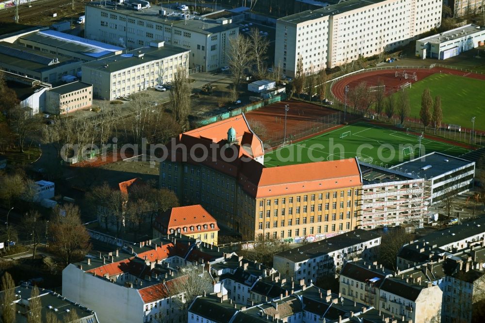 Berlin from above - School building of the Emanuel-Lasker-Oberschule in the Modersohnstrasse in Berlin, Germany