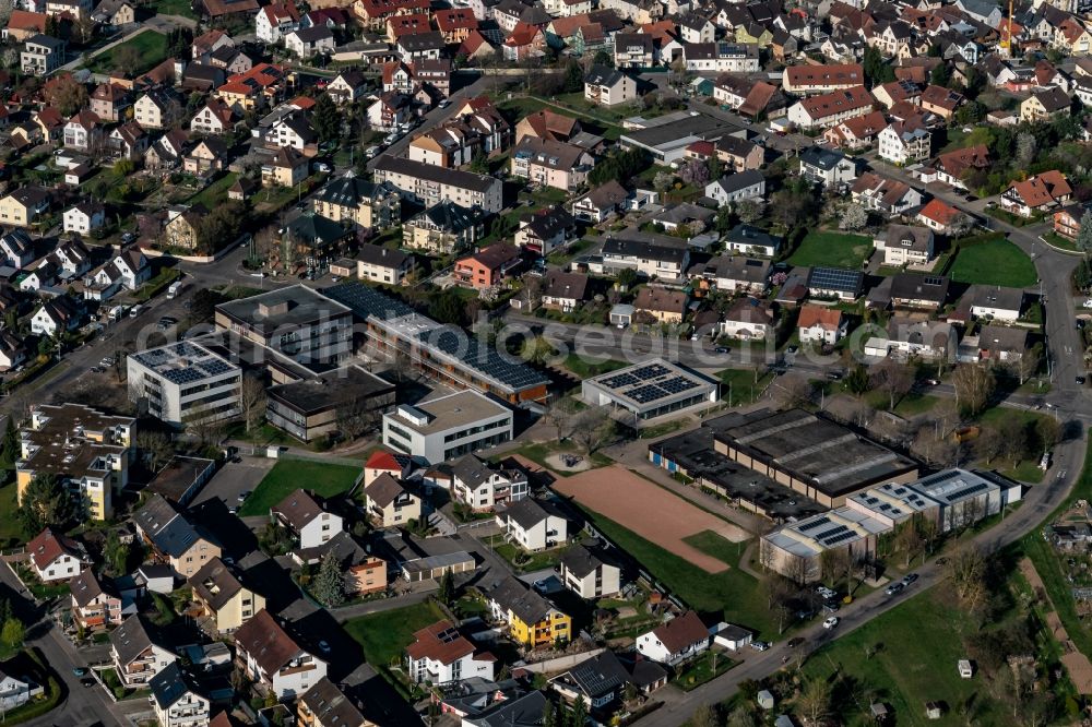 Herbolzheim from above - School building of the Emil Doerle and Breisgau Halle in Herbolzheim in the state Baden-Wurttemberg, Germany