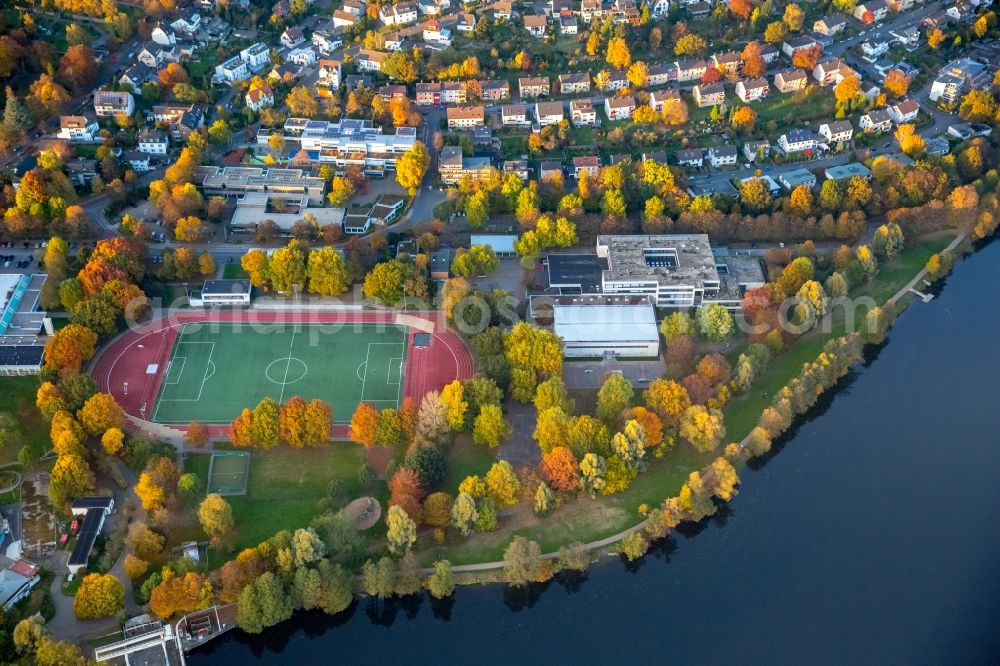 Herdecke from above - School building of the Friedrich Harkort Schule in Herdecke with a view of the Ruhr and the sports complex of the TSG Fussball Herdecke 1911 e.V. in the state North Rhine-Westphalia