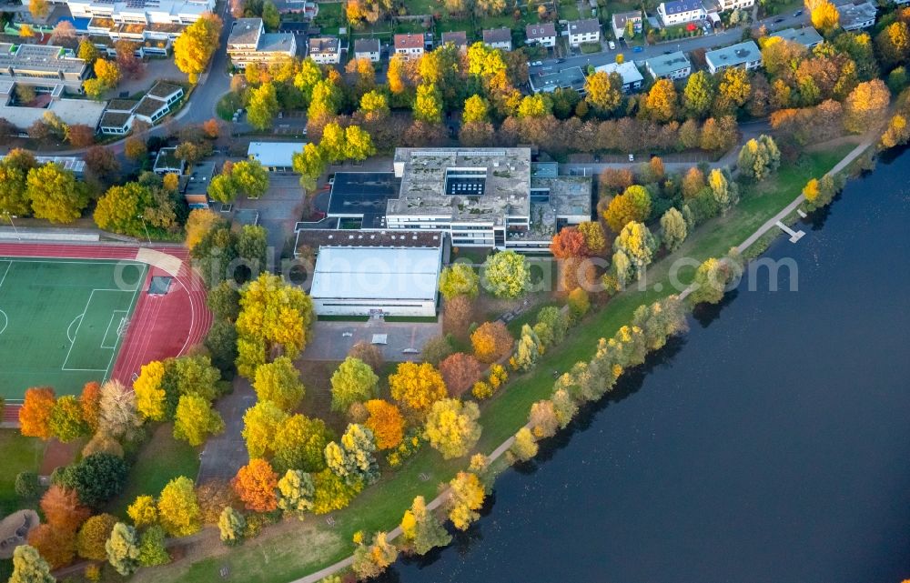 Aerial image Herdecke - School building of the Friedrich Harkort Schule in Herdecke with a view of the Ruhr and the sports complex of the TSG Fussball Herdecke 1911 e.V. in the state North Rhine-Westphalia