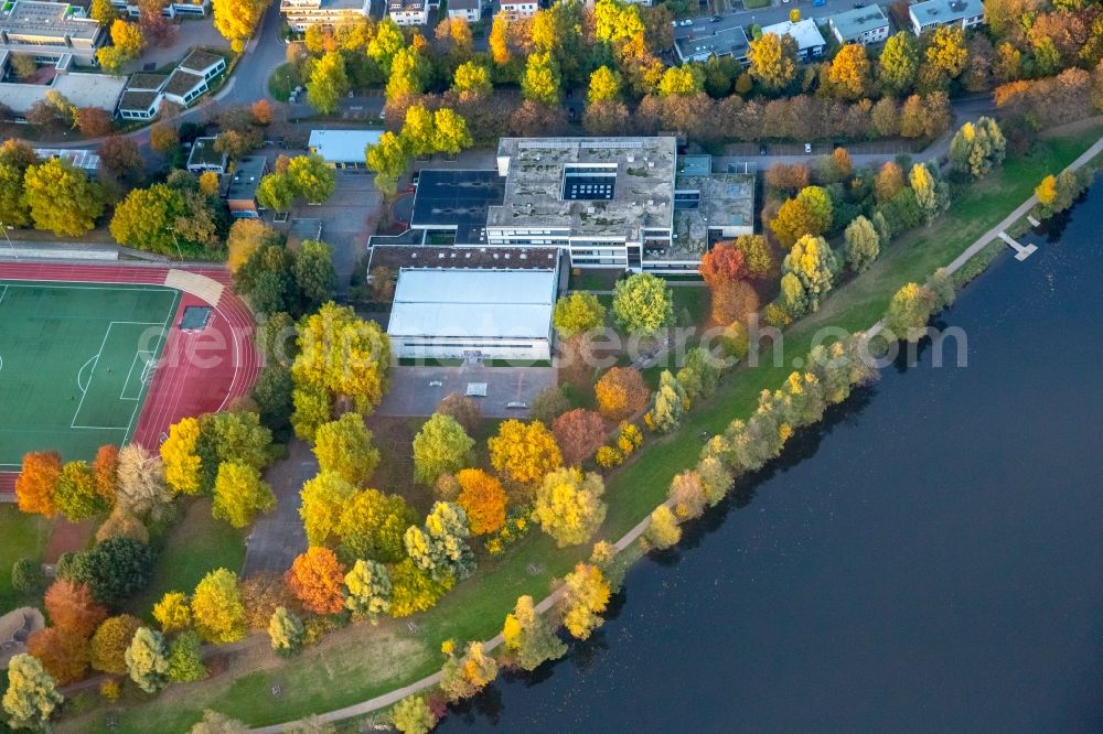 Herdecke from the bird's eye view: School building of the Friedrich Harkort Schule in Herdecke with a view of the Ruhr and the sports complex of the TSG Fussball Herdecke 1911 e.V. in the state North Rhine-Westphalia