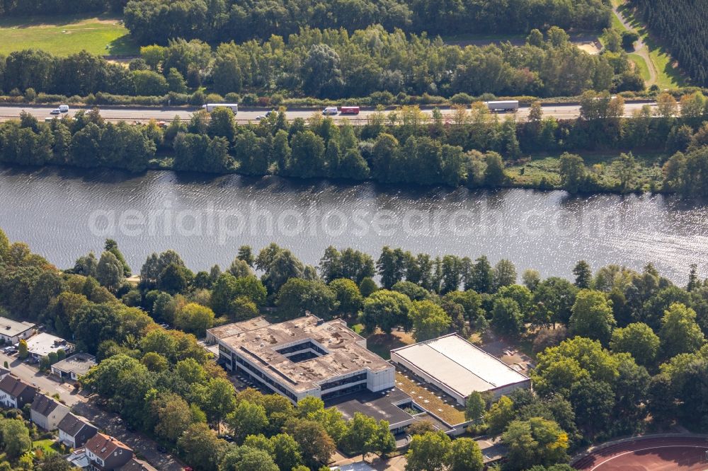 Herdecke from above - School building of the Friedrich Harkort Schule in Herdecke with a view of the Ruhr and the sports complex of the TSG Fussball Herdecke 1911 e.V. in the state North Rhine-Westphalia