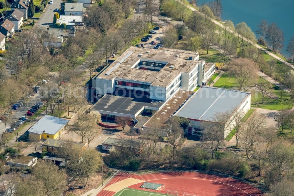 Herdecke from above - School building of the Friedrich Harkort Schule in Herdecke with a view of the Ruhr and the sports complex of the TSG Fussball Herdecke 1911 e.V. in the state North Rhine-Westphalia