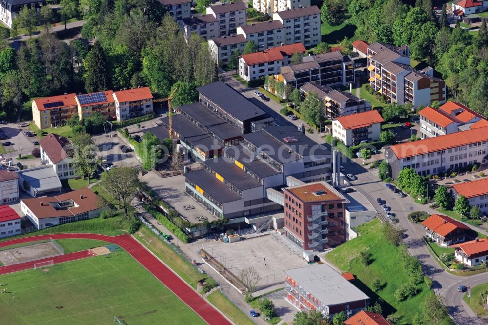 Bad Tölz from above - School building of the Realschule in Bad Toelz in the state Bavaria, Germany