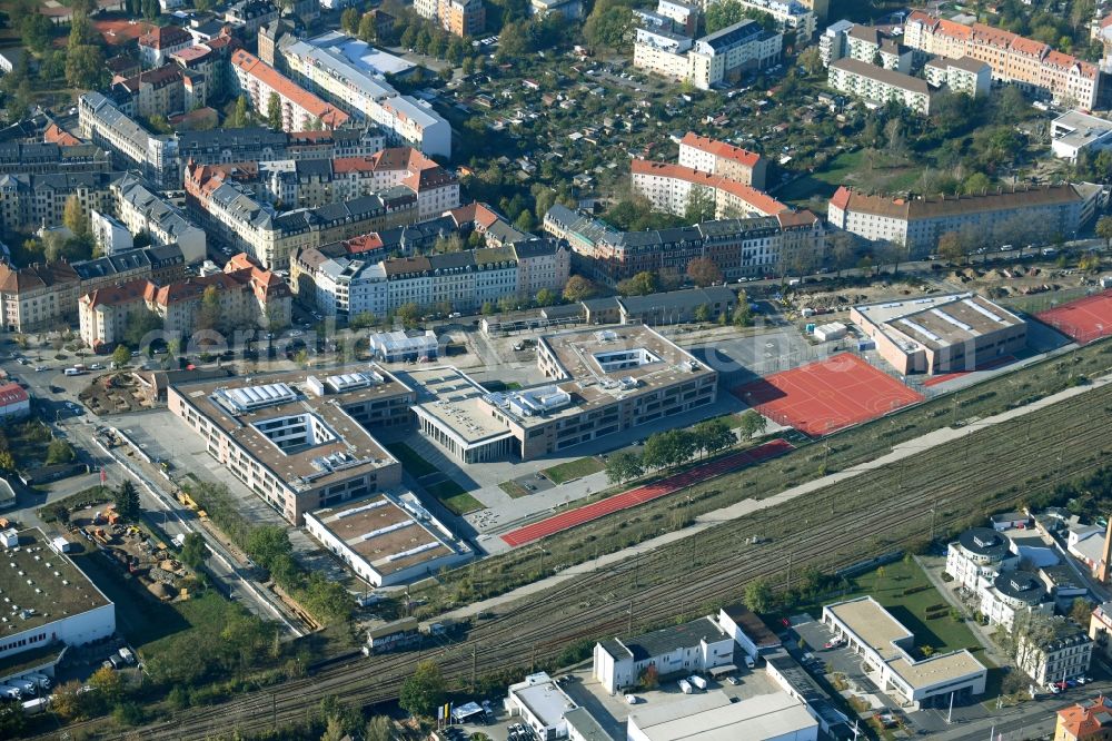 Dresden from above - School building of the Gemeinschaftsschule Pieschen and the Gymnasium Dresden-Pieschen on the Gehestrasse in Dresden in the state Saxony, Germany