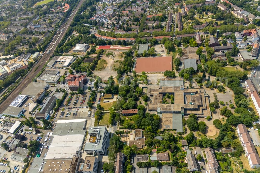 Essen from above - School building of the Gesamtschule Bockmuehle on Ohmstrasse in Essen in the state North Rhine-Westphalia, Germany