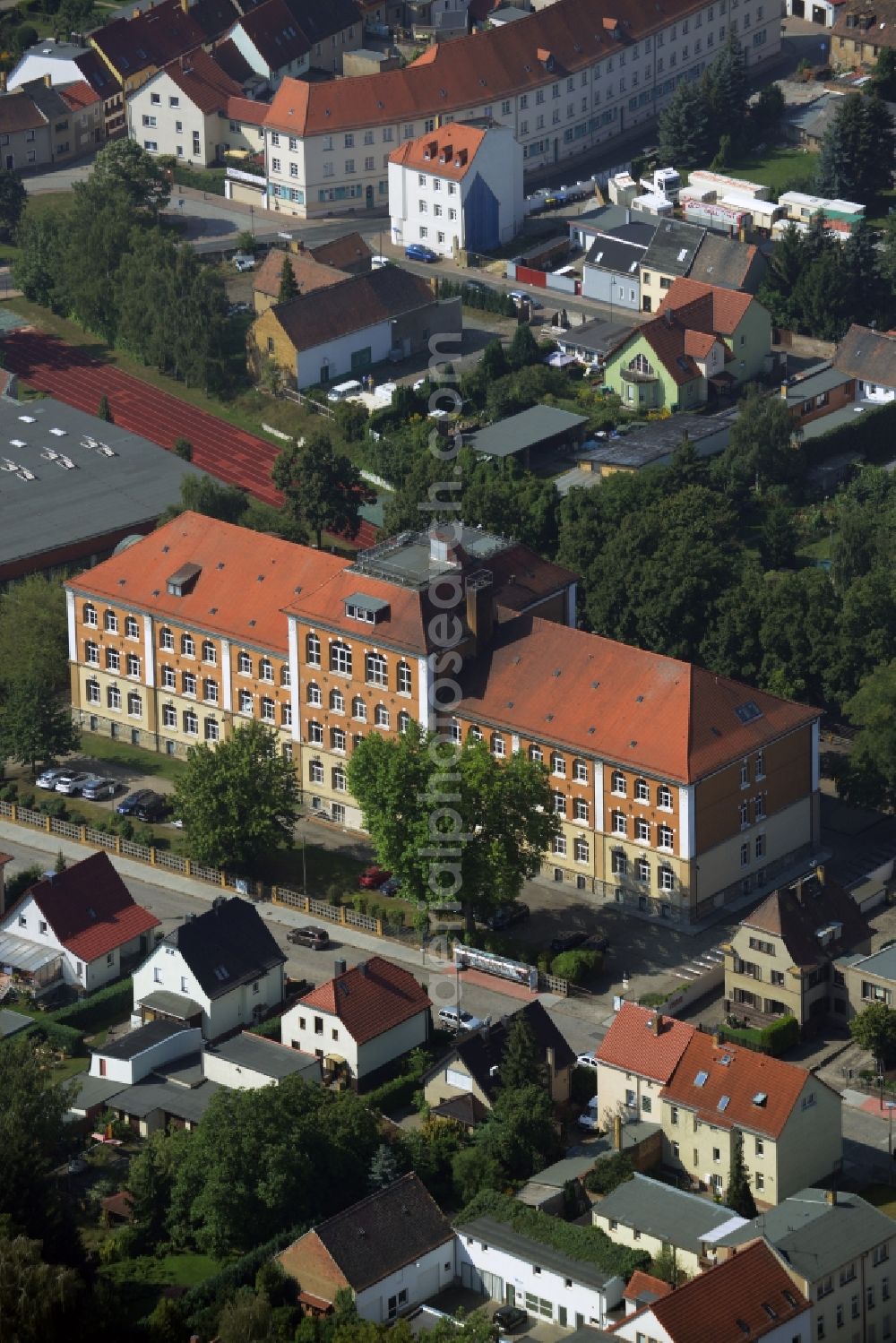 Aerial image Taucha - School building of the Geschwister-Scholl-Gymnasium in Taucha in the state Saxony