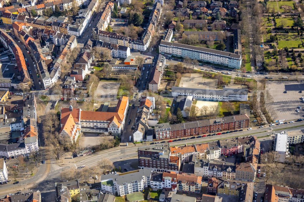 Gelsenkirchen from above - School building of the Grillo-Gymnasium on street Hauptstrasse in the district Bulmke-Huellen in Gelsenkirchen at Ruhrgebiet in the state North Rhine-Westphalia, Germany